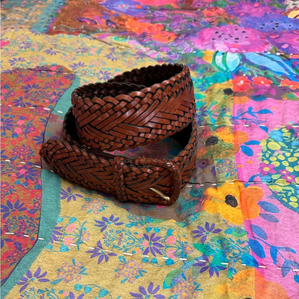 Vintage Woven Leather Belt Western Chunky Buckle Size L Coastal Boho Chic Beach - Picture 5 of 11